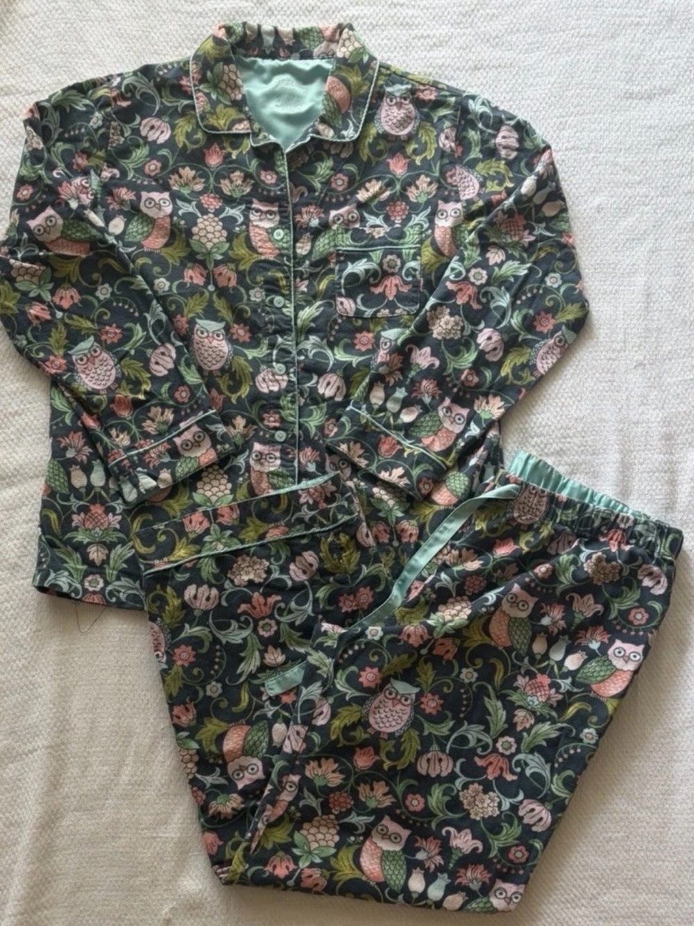 NICK & NORA 2pc Flannel Pajama Set Pants Top Owl Print Flannel Sz L